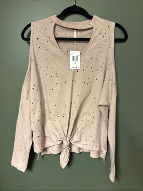 Poof! Dusty Blush Distressed Knot-Front Long Sleeve Top